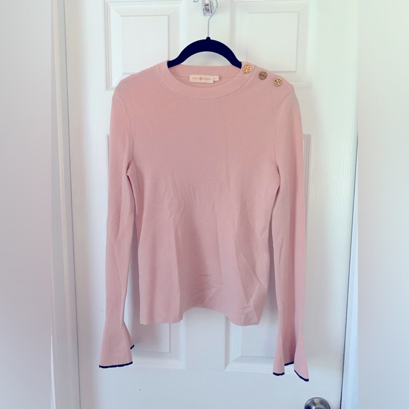 Tory Burch Pink Bell Sleeve Merino wool button detail sweater, Size XS - Picture 1 of 6